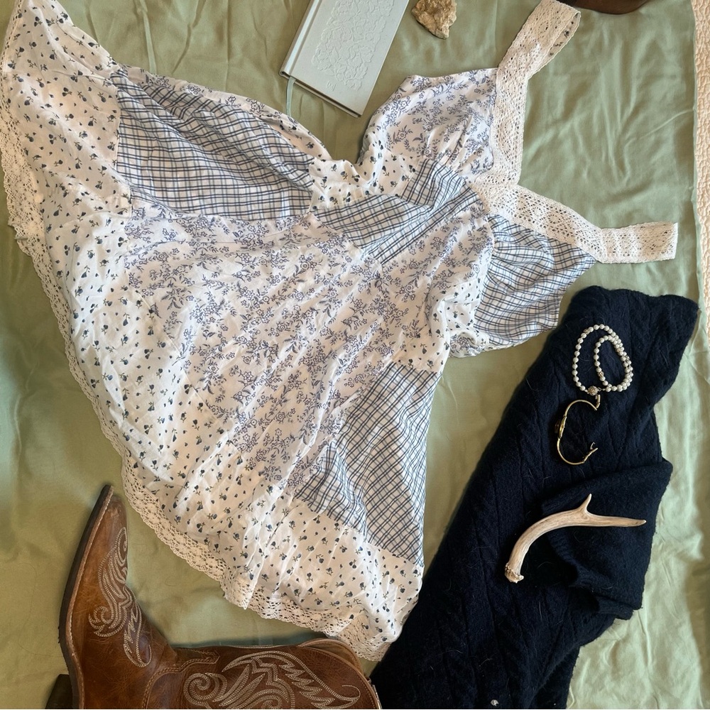 American Eagle Outfitters Blue and White Patchwork dress and cardigan